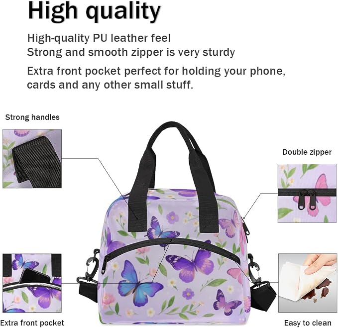 Elegant Purple Butterfly Lunch Bag Women Lunch Box for Women Adult Men Reusable Cute Lunch Box Tote Cooler Bags Insulated Portable Lunch Containers for Work, Office, Travel, Picnic