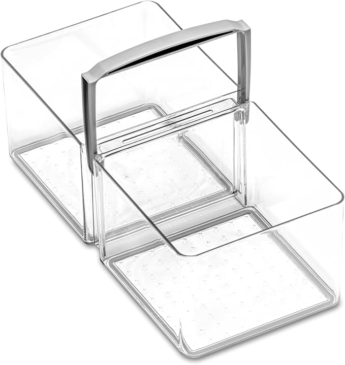 madesmart Fridge Portable Tote, Condiment Caddy with 2 Compartments, Pop-Up Handle & Non-Slip Base, Refrigerator Organizer for Sauces, Jars & Small Items, Clear