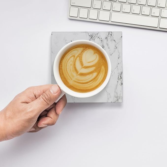 Marble White Square Ceramic Coasters Set of 6 Pack, Rustic/Retro White Ink Granite Marble Texture Stone Drink Coaster with Cup Holder Anti-Scratc Cork Backing Bar Kitchen Home Housewarming Gift