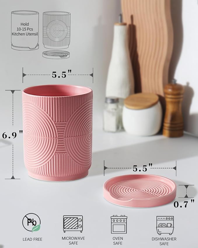 Utensil Holder, 7.2" Kitchen Utensil Holder for Counter, 2-in-1 Ceramic Cooking Utensils Holders with Spoon Rest, Utensil Crock for Spatula, Ideal Housewarming Gift (Pink)