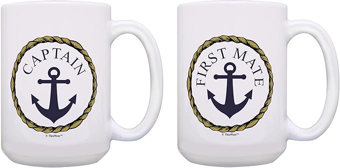 ThisWear Captain First Mate Couples Sailing Nautical Boat Decor 2 Pack 15oz Ceramic Coffee Mugs Set Nautical Classic