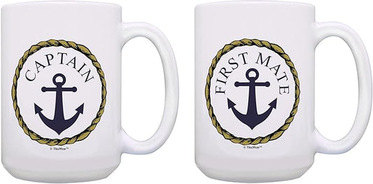 ThisWear Captain First Mate Couples Sailing Nautical Boat Decor 2 Pack 15oz Ceramic Coffee Mugs Set Nautical Classic