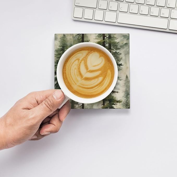Misty Pine Tree Square Ceramic Coasters Set of 6 Pack, Mountain Green Forest Landscape Foggy Botany Stone Drink Coaster with Cup Holder Anti-Scratc Cork Backing Bar Kitchen Home Housewarming Gift