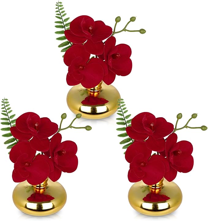 Oairse Red Orchids Artificial Flowers Faux Orchids Arrangement in Gold Glass Vases Set of 3 Real Touch Phalaenopsis Orchid Flowers Small Fake Orchid Centerpiece for Dining Room Table
