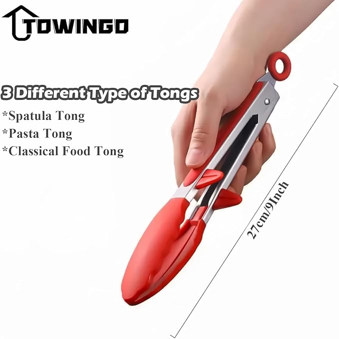 Kitchen Tongs, 9 Inch Tongs for Cooking with Silicone Tips, Food Grade Mini Serving Tong for Nonstick Pans, BBQ, Salad, Set of 3, Red