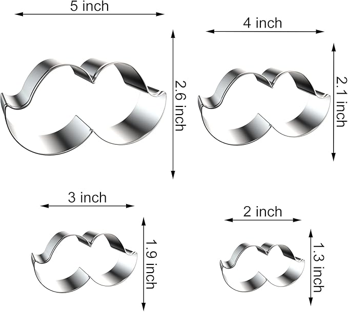 Mustache Cookie Cutter Set Large Assorted Sizes - 5 Inch, 4 Inch, 3 Inch, 2 Inch - 4 Piece Beard Cookie Cutters Shapes for Men Father's Day - Stainelss Steel