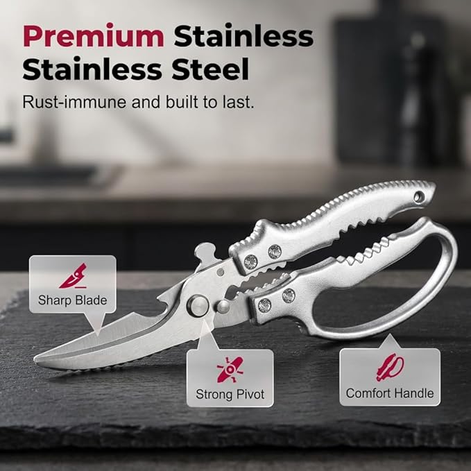 Heavy Duty Poultry Shears, Stainless Steel Kitchen Scissors, Multi-Purpose Kitchen Shears for Bone, Meat, Chicken, Fish, Turkey, Vegetables, Dishwasher Safe (Black)