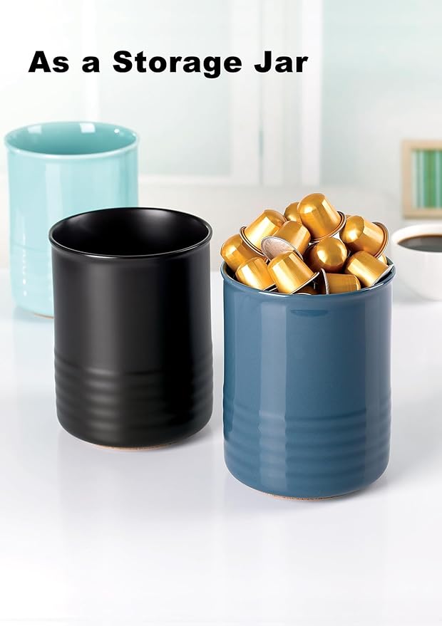 ABRUTY Utensil Holder, 6.7" Ceramic Kitchen Utensil Crock for Countertop Cooking, Modern Utensil Caddy Jar Organizer for Farmhouse Kitchen Counter Décor, Turquoise