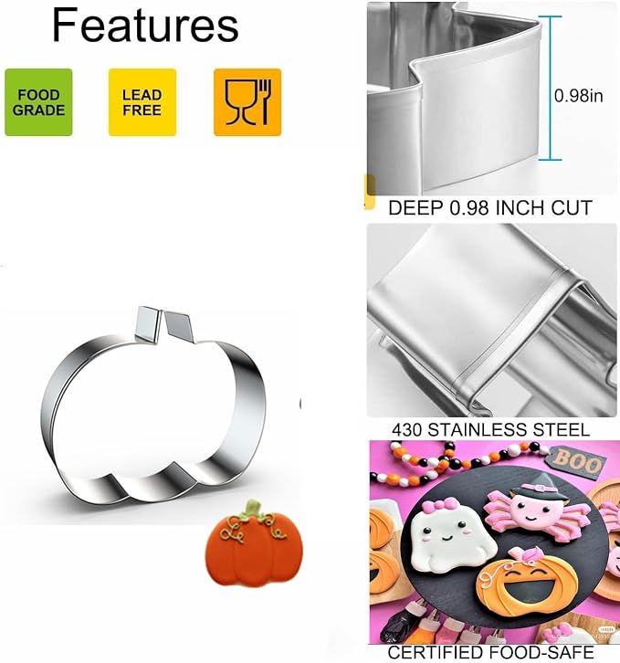 Halloween Cookie Cutters, 6Pcs Cookie Cutters Holiday Shapes Molds Pumpkin, Ghost, Spider Web, Bat, Cat Head, Skull Cookie Cutters with Decorating Instructions