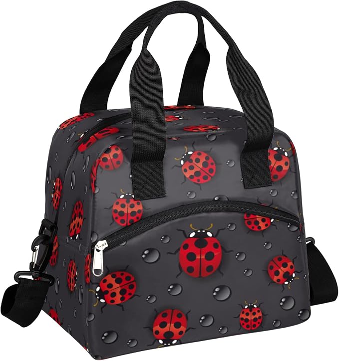 Pardick Funny Animal Ladybug Insulated Lunch Bag with Detachable Shoulder Strap Tote Bag for Women Men Adult Reusable Containers Organizer Thermal Cooler Bag for School Work Travel Lunch Box