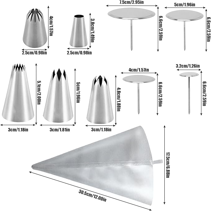 Cake Decorating Tool Kit, 5 Pcs Stainless Steel Piping Tips Set with 1 pc Frosting Bags, 4 Cake Flower Nails for Cake Fondant Cupcake