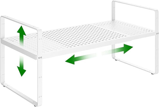 Expandable Kitchen Cabinet Shelf Organizer Rack Heavy Duty Metal Spice Rack Stackable Kitchen Counter Storage Shelf for Cabinet Pantry Bathroom (White- 16.5"-27" L x 8" W x 9.6" H - 1Pack)