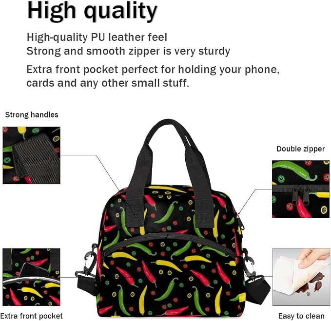 Colurful Chili Insulated Lunch Bag for Women Men Reusable Lunch Box Cooler Bag Large Leakproof Lunch Tote with Adjustable Shoulder Strap for Adult Work Picnic Camping Beach Office