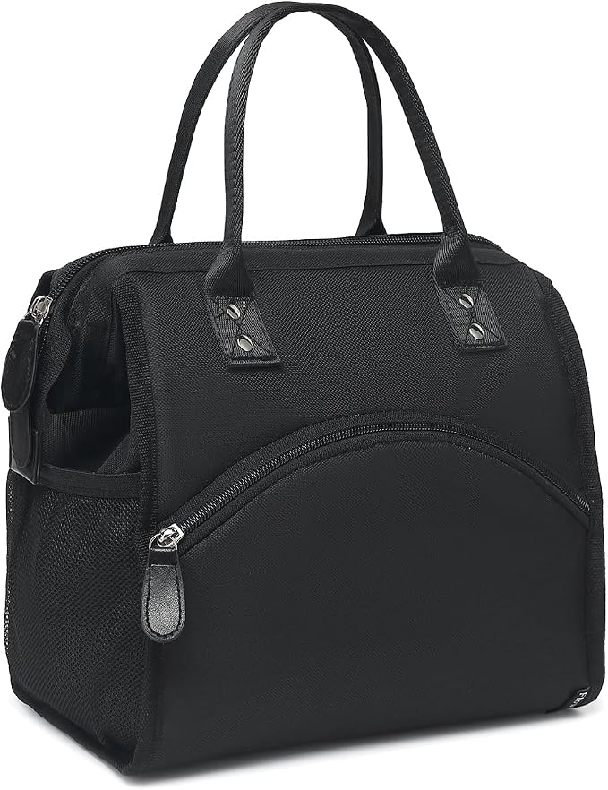 FlowFly Insulated Lunch Bag for Women, Men, Large and Reusable, Handle, Work and Travel Tote and Meal Prep Organizer, Black