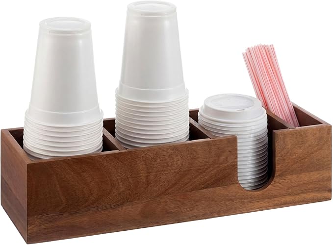 Novabright 4 Compartments Coffee Cup Holder for Countertop Cup Lid and Straw Dispenser Coffee Station Organizer Bar Accessories for Breakroom Restaurant, 15.3 x 4.7 x 4(Wood Color,Acacia Wood)