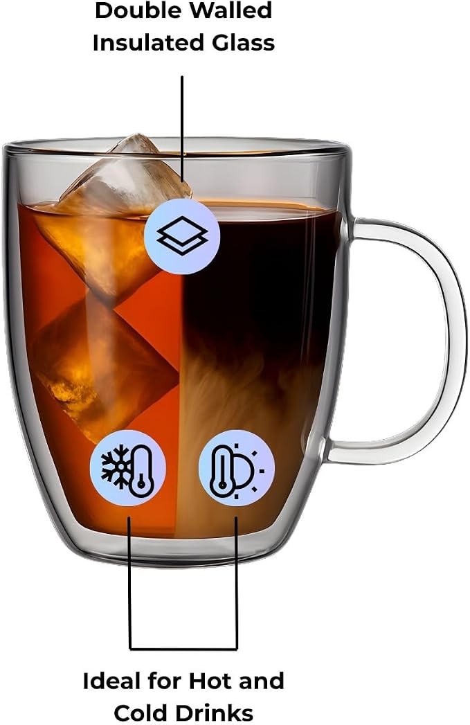 Lucco Double Walled Glass Coffee Mugs (Set of 2) - 12 oz Borosilicate Cups for Hot or Cold Drinks, Insulated Latte, Tea & Espresso Cups