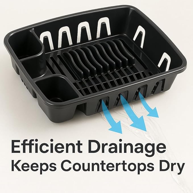 Dish Drying Rack with Drainboard Set, All-in-1 Kitchen Dishrack with Inclined Base for Quick Water Drainage, Black Plastic Dish Drainer