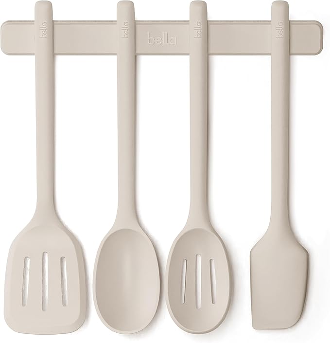 bella 5-Piece Kitchen Tool Set with Magnetic Rack, Silicone, Turner, Spoon, Slotted Spoon, Spatula, Utensil Holder, Magnetic Holder, Non-toxic*, Food-grade, Heat safe to 425°F, Dishwasher Safe, Slate