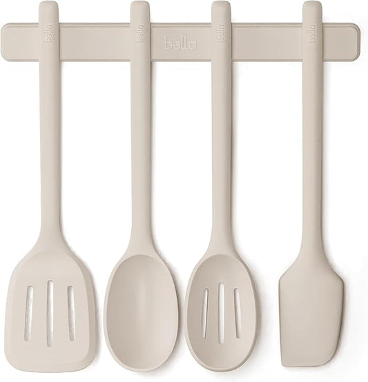 bella 5-Piece Kitchen Tool Set with Magnetic Rack, Silicone, Turner, Spoon, Slotted Spoon, Spatula, Utensil Holder, Magnetic Holder, Non-toxic*, Food-grade, Heat safe to 425°F, Dishwasher Safe, Slate