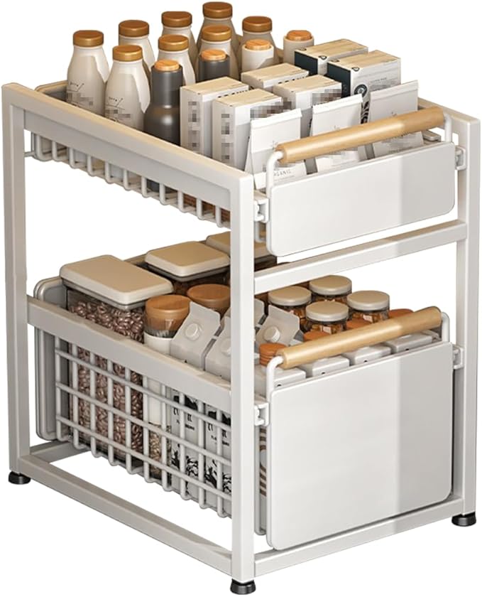 2 Tier Pull-out Storage Organizer, Slide Out Kitchen Cabinet Storage Sliding Shelves, Under Sink Organizers Drawer, Mesh Cabinet Basket with Handle for Bathroom, Home(White,Double Layer L)
