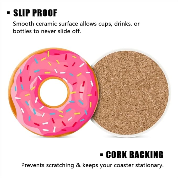 Ceramic Stone Cork Coasters for Drinks Tableware, Pink Frosted Donut with Sprinkles Round Absorbent Durable Aesthetic Art Cup Mat Protects Tables and Surfaces Set of 1 (4 * 4 Inch)
