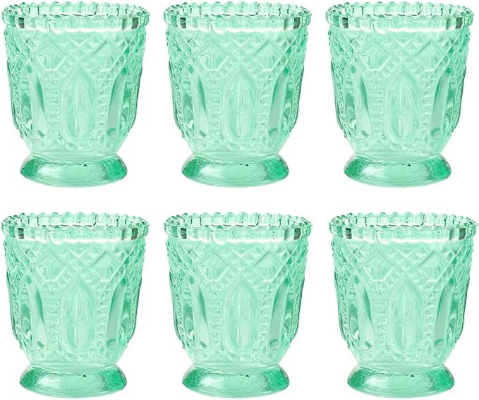 Koyal Wholesale Vintage Glass Candle Holder - Mint Green Tea Light Candle Holders - Mint Green Party Decor, Kitchen Decor, Weddings & Birthdays Easter Decorations for Table - 3 X 2.75 (Pack of 6)