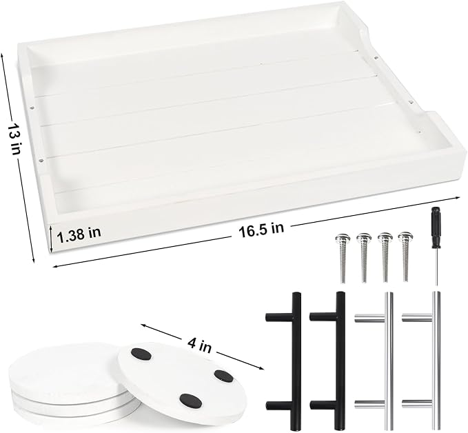 SXNOWS Coffee Table Tray - Large Ottoman Tray for Living Room - Wood Serving Tray with 2 Sets of Handles - Wooden Tray for Coffee Table, 4 Round Coasters Included, White