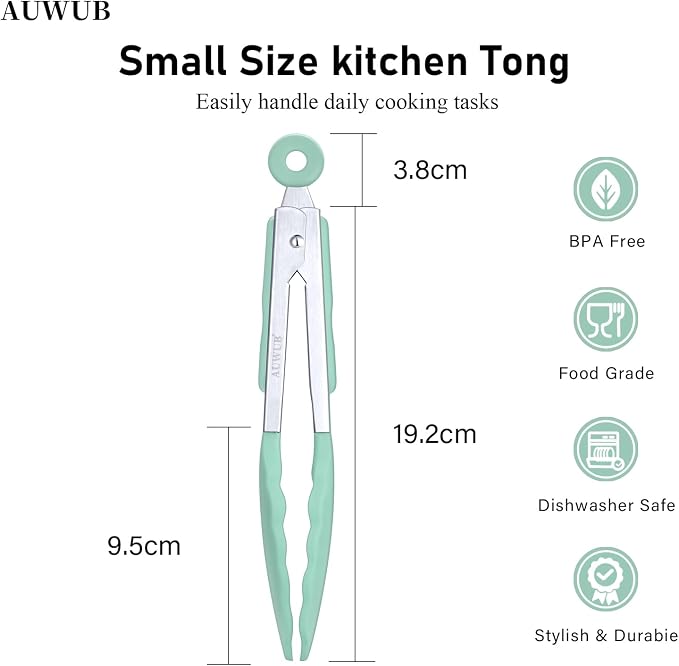 7 Inch Small Silicone Salad Cooking Tongs, Food Serving Tongs with Heat Resistant Non-Slip Grip, Pistachio Color Kitchen Utensils for Salad Charcuterie Board