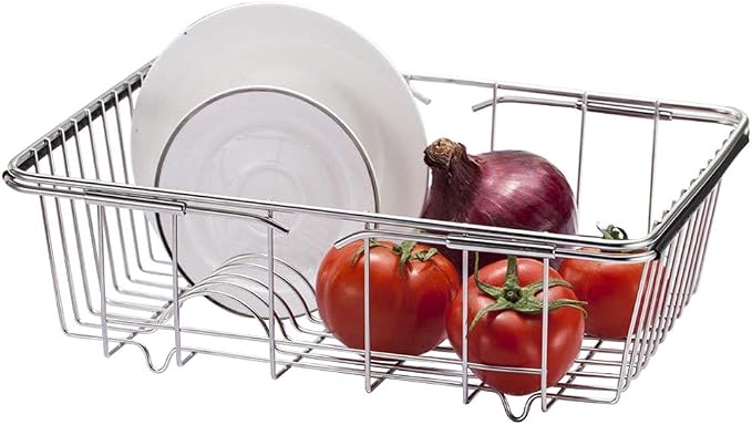 Adjustable Over Sink Dish Drying Rack Stainless Steel Dish Drainer, On Counter or in Sink Dish Rack, Deep and Large- Rustproof