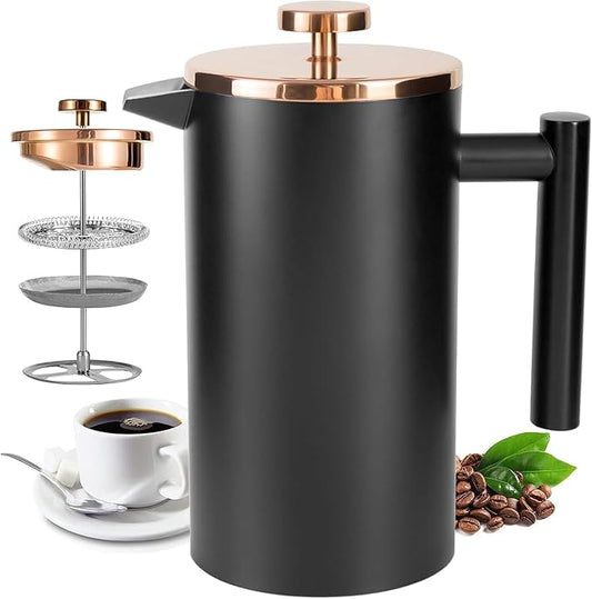 Miuly French Press Coffee Maker 34OZ, 8 Cup Stainless Steel French Press, Double-Walled Insulated Coffee Press for Home and Office, With 2 Extra Filter and Coaster Mat (1000ML, Black)