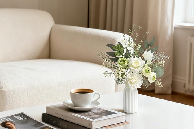 Small 11" Artificial Flowers in Ceramic Vase - White Green Silk Flower Centerpiece for Dining Table, Office, Wedding & Farmhouse, Home Decor Gifts