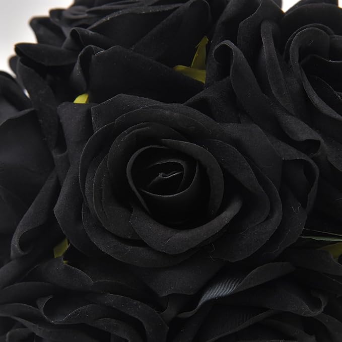 Fule Artificial Silk Rose Flower Centerpiece Arrangement in Glass Vase with LED Light for Home Wedding Decoration (Black)