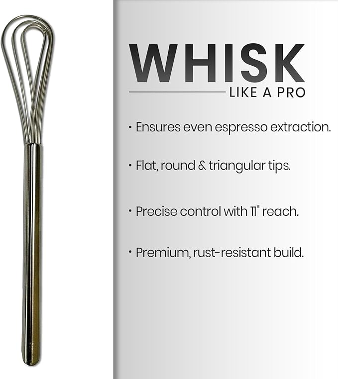 Rattleware 11” Long Handle Stainless Steel Espresso Flat Coffee Whisk – Silver Barista Kitchen Tool for Clump-Free Mixing, Durable Premium Quality for Home, Cafe, or Commercial Coffee Preparation