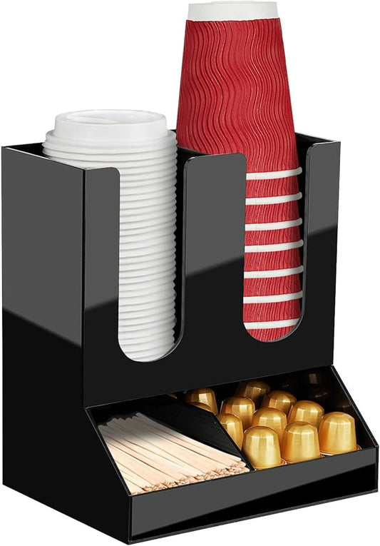 MYITYARD Coffee Cup Holder, 2-Tier Cup and Lid Organizer fits 5 to 16oz Paper Cups, Acrylic Condiment and Cup Storage Organizer, Coffee Station Organizer for Pods, Syrup, Stirrer, 4 Compartments