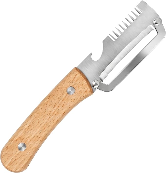 3-in-1 Vegetable Peeler with Wooden Handle - Stainless Steel Swivel Peeler, Julienne Shredder & Bottle Opener - Professional Kitchen Tool for Potatoes, Carrots, Zucchini & Salads