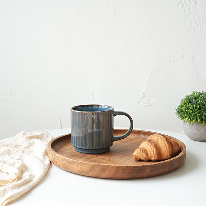 Bosmarlin Stackable Ceramic Coffee Mug Set of 4, 16 Oz, Coffee Cups, Microwave Safe, Unique Reactive Glaze (Teal, 16 Oz)