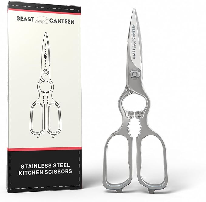 Heavy Duty Kitchen Scissors for Food — All Purpose Cooking Scissors, All Stainless Steel, No Plastic, Come-Apart Blades for Easy Cleaning, Dishwasher Safe, 5-in-1 Multi-Tool