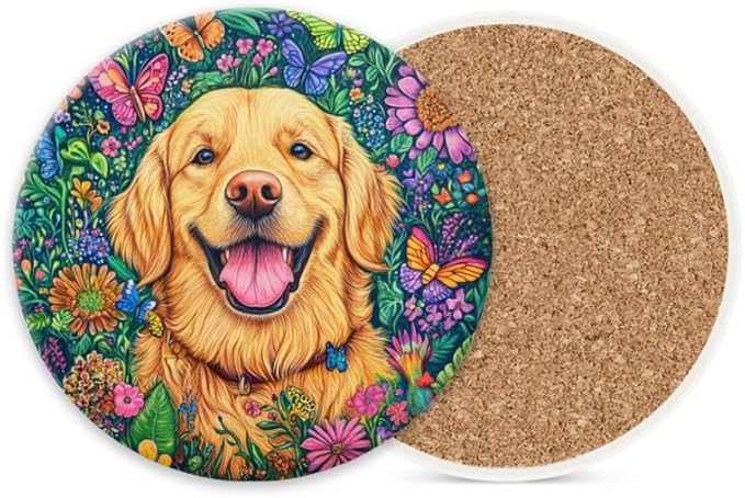 1 Pcs Coffee Cup Coasters for Drinks, Golden Retriever in Floral Paradise Round Absorbent Non-Slip Ceramic Stone Cork Coasters for Kitchen Living Room Office Decoration Bar (4 * 4 Inch)