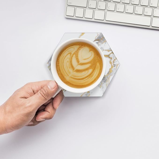 White Gold Marble Set of 6 Drinks Ceramic Coasters with Holder Funny Absorbent Cup Coasters with Cork Desk Table Protection Coffee Table Decor
