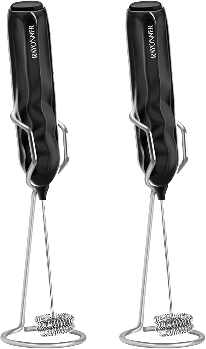 RAYONNER Milk Frother Handheld Fast Powerful Drink Mixer with Stainless Steel Whisk for Coffee (2Pack Black with Stand)