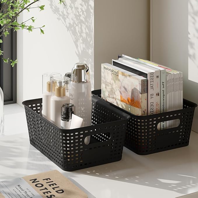 Resze 6-Pack Plastic Storage Bins with Lids, Stackable Organizer Baskets & Containers for Pantry, Kitchen, Cabinet, Closet, Bathroom Organization Toys, Space Saving, Easy-Carry Handles,Black