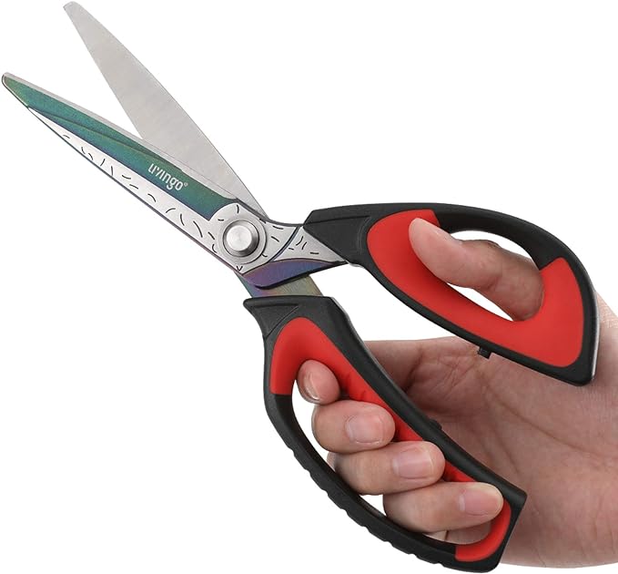 LIVINGO 10" Multipurpose Heavy Duty Scissors, Premium Titanium Coating Forged Stainless Steel Tool Industrial Shop Shears for Household, Pruning, Gardening, Fabric, Red/Black