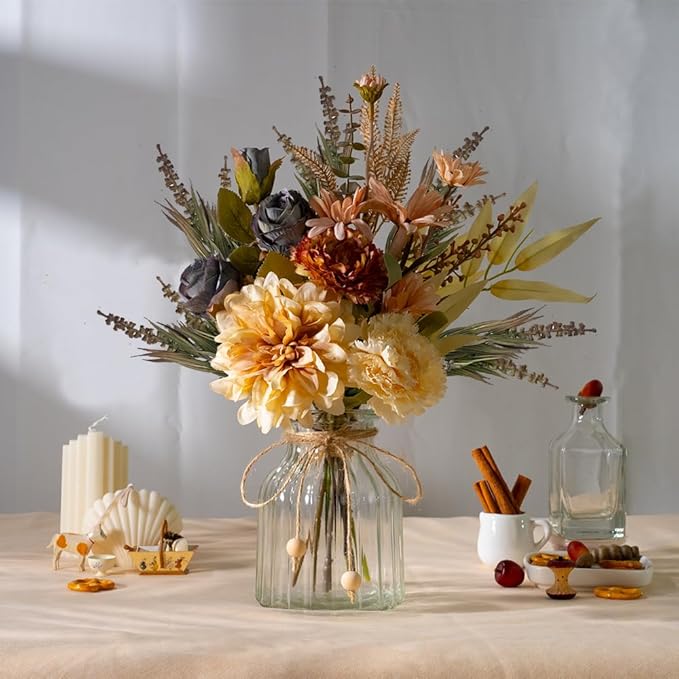 LESING Dahlia Flower Aritificial Flower with Vase Fake Silk Flowers in Glass Vase Faux Rose Flowers Arrangement for Home Office Table Centerpiece Decoration (Coffee)