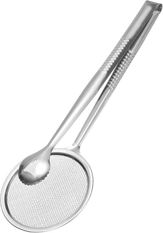 uxcell Stainless Steel Strainer Tongs, 11.2" Multi-Functional Food Strainer with Clip Fine Mesh Oil Filter Skimmer Hot Pot Clips for Kitchen Tool Restaurant Frying Cooking, Silver
