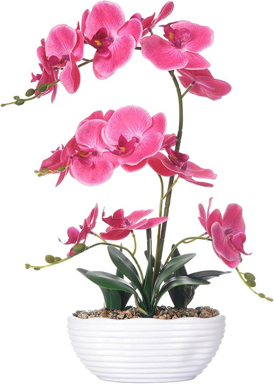 19" H Phalaenopsis Faux Orchid Plant Silk Orchid Centerpiece Artificial Floral Arrangement in Ceramic Pot (Rose Red)