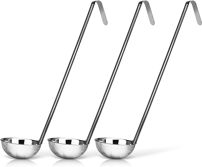 Whysko Soup Ladles Stainless Steel, 3-Pack of 4 oz. Metal Ladle Spoons, Rustproof Heat-Resistant Materials for Cooking and Serving Soups and Sauces, Commercial Grade Kitchen Essentials