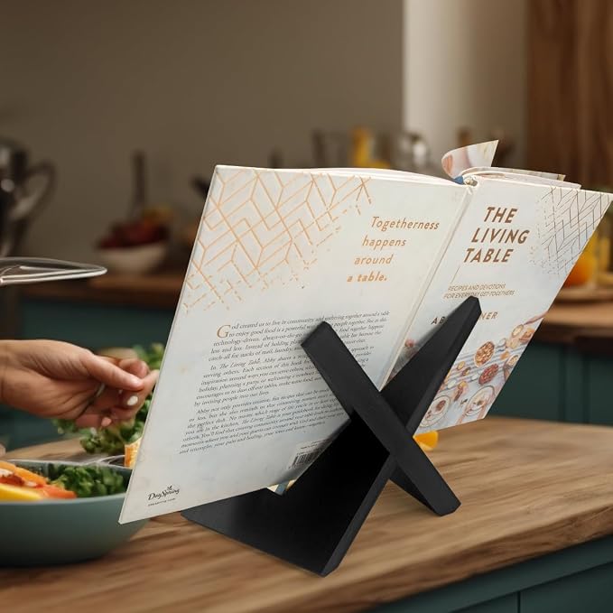Rustic Black Cookbook Stand for Kitchen, Recipe Book Holder for Kitchen Counter, Wooden Cookbook Holder, Rustic Cook Book Holder Stand with Natural Wooden Grains (1 in Black)