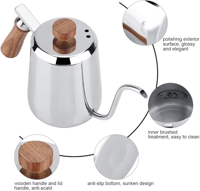 Joyzan Gooseneck Kettle, Stovetop Tea Maker Wood Anti Hot Handle Pour Over Stainless Steel Water Pot Coffee Teapot Drip Long Spout Home Kitchen Gas Stove Tops French Press Brewing Camping 600ml