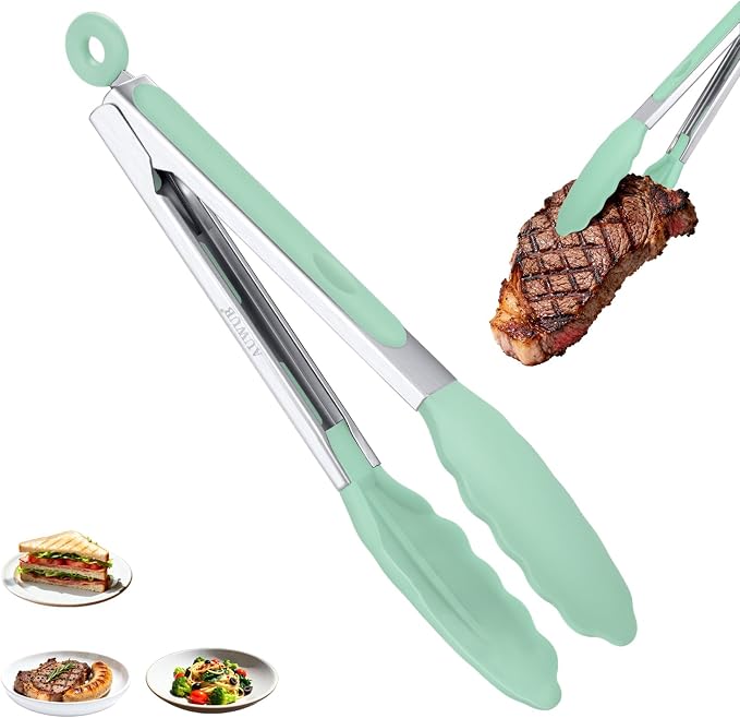 Silicone Salad Tongs, 9 Inch, Pistachio Color | 304 Stainless Steel Core, Non-Slip Grip, For Grilling Salad