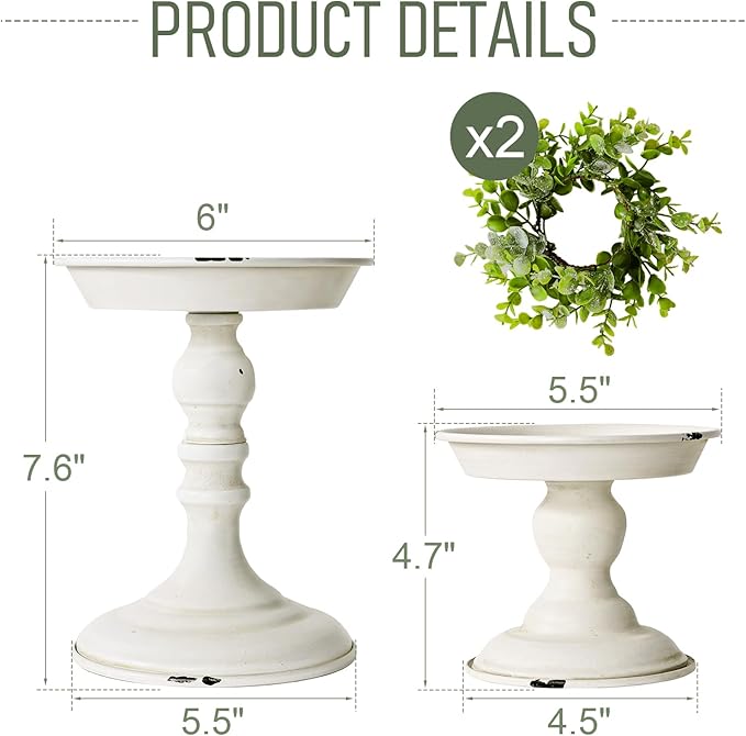Rustic Iron Pillar Candle Holder: White Farmhouse Candle Holder with Greenery Wreaths Set of 2, Elegant Large Candle sticksholder Decor for Wedding, Coffee Table Centerpieces, Living Room, Home Decor